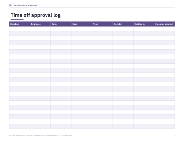 Preview of Printable Time Off Approval Log
