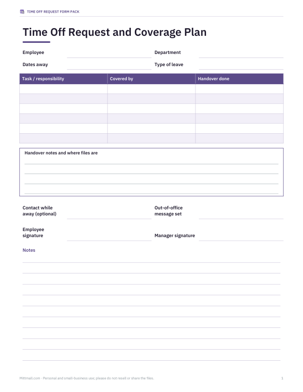 Preview of Printable Time Off Request Form