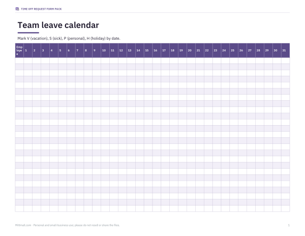 Preview of Printable Leave Calendar