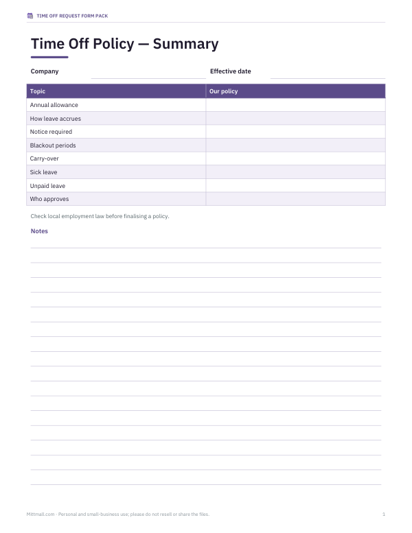 Preview of Printable Time Off Policy Summary