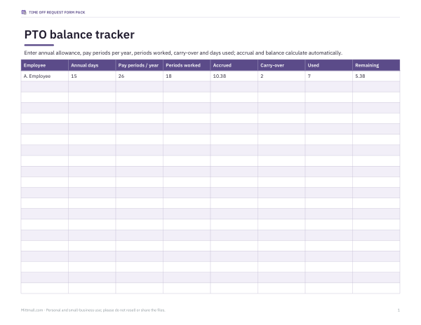 Preview of Printable PTO Balance Tracker