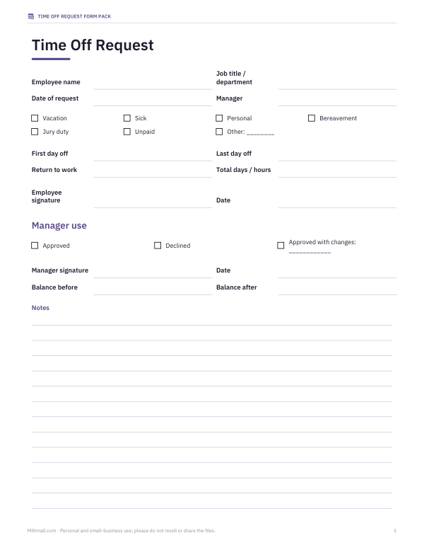 Preview of Printable Time Off Request Form